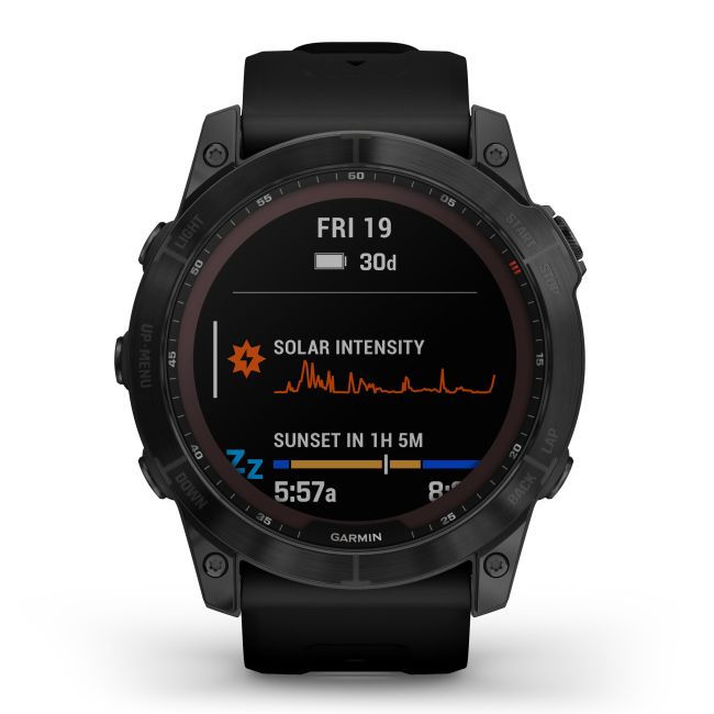 Garmin - fenix 7x Sapphire Solar ceas multisport cu GPS - ramă neagră Titanium DLC și curea din silicon neagră