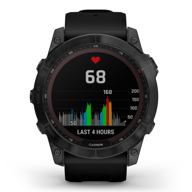 Garmin - fenix 7x Sapphire Solar ceas multisport cu GPS - ramă neagră Titanium DLC și curea din silicon neagră