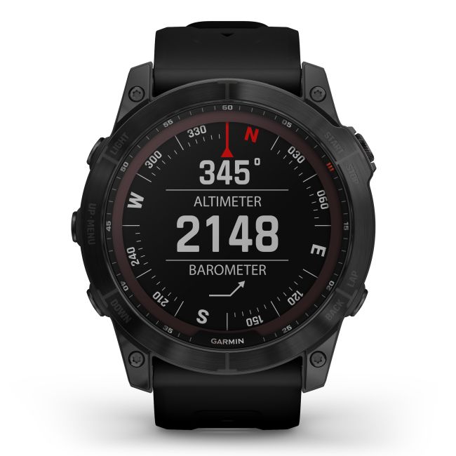 Garmin - fenix 7x Sapphire Solar ceas multisport cu GPS - ramă neagră Titanium DLC și curea din silicon neagră