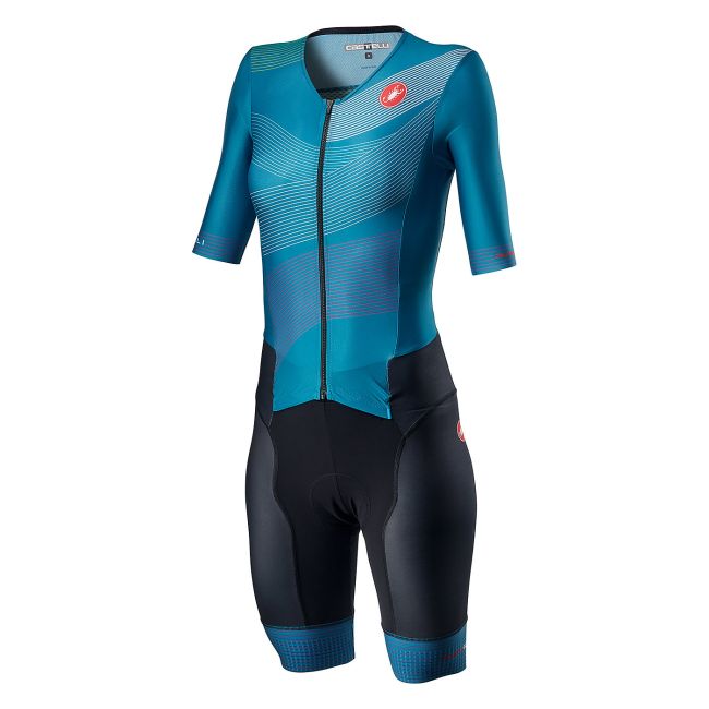 Castelli - costum trisuit triatlon pentru femei, maneca scurta Free Sanremo 2 W Suit - albastru inchis albastru deschis dungi multicolore