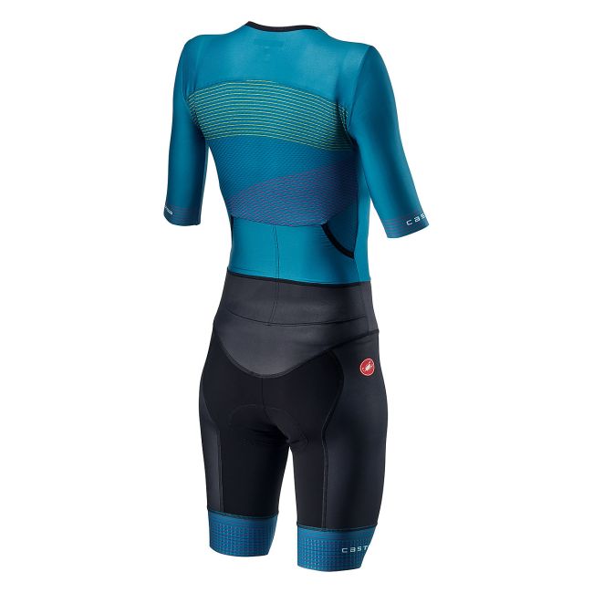 Castelli - costum trisuit triatlon pentru femei, maneca scurta Free Sanremo 2 W Suit - albastru inchis albastru deschis dungi multicolore