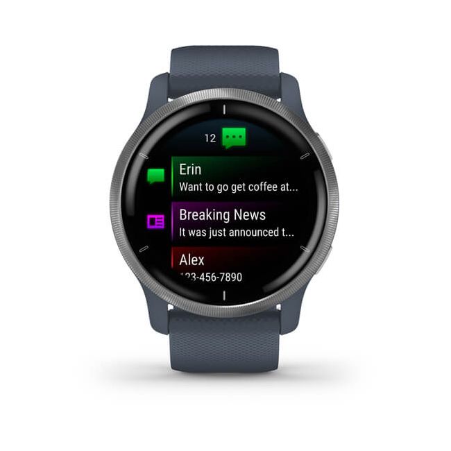 Garmin - Venu 2 smartwatch cu GPS și AMOLED - rama argintie și carcasă albastru-granit cu brățară din silicon
