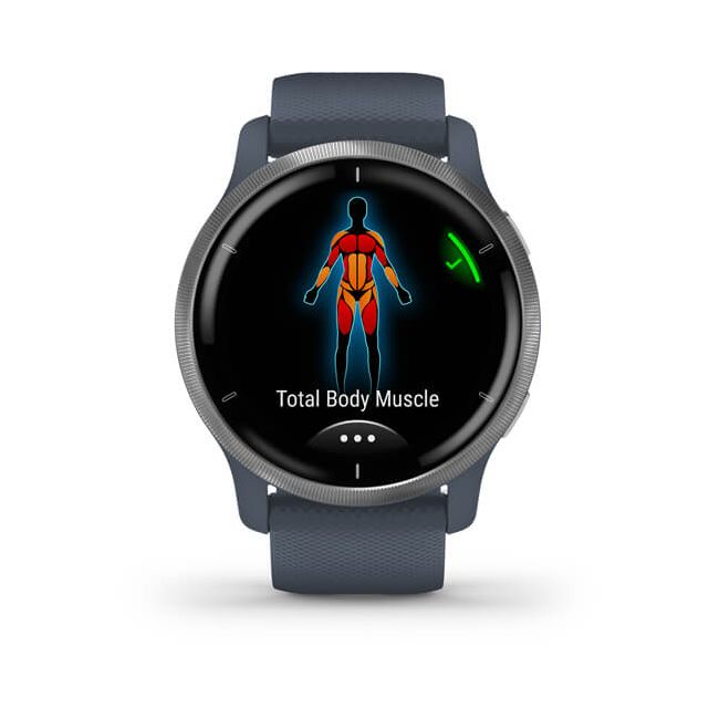 Garmin - Venu 2 smartwatch cu GPS și AMOLED - rama argintie și carcasă albastru-granit cu brățară din silicon