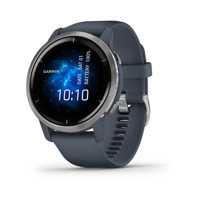 Garmin - Venu 2 smartwatch cu GPS și AMOLED - rama argintie și carcasă albastru-granit cu brățară din silicon