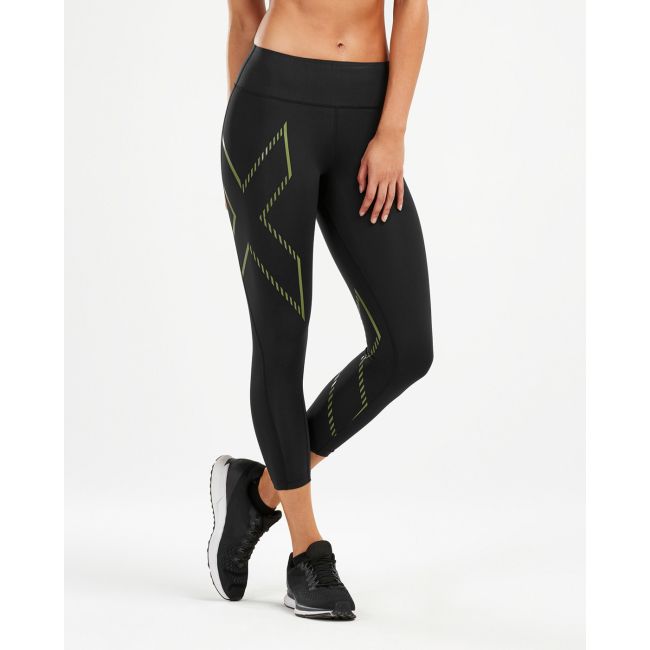 2XU - Colanti lungi 7/8 compresie pentru femei Bonded Mid-Rise Compression Tights - negru verde