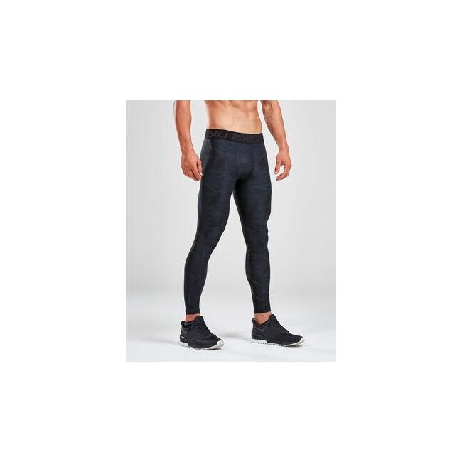 2XU colanti lungi compresie barbati Compression Accelerate Print - negru albastru Ashphalt Maratime Blue
