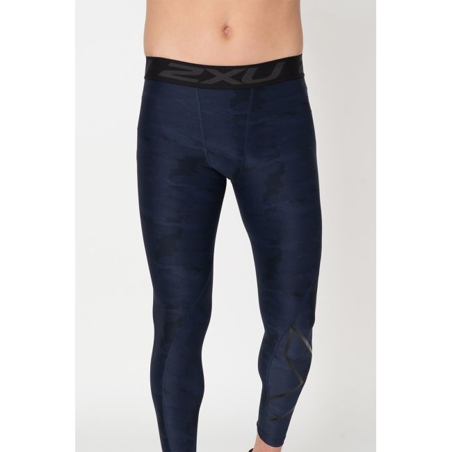 2XU colanti lungi compresie barbati Compression Accelerate Print - negru albastru Ashphalt Maratime Blue