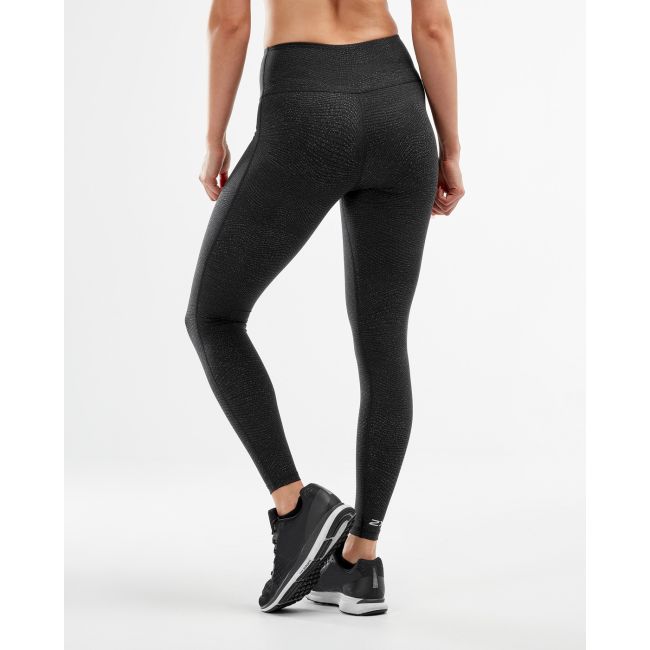 2XU - Colanti compresie cu talie inalta pentru femei Print Fitness Hi-Rise Comp Tight - gri inchis argintiu
