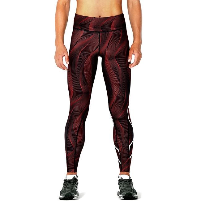 2XU - Colanti de compresie pentru femei Mid-Rise Print Tights - rosu inchis dungi
