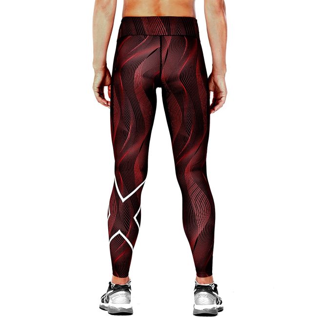2XU - Colanti de compresie pentru femei Mid-Rise Print Tights - rosu inchis dungi