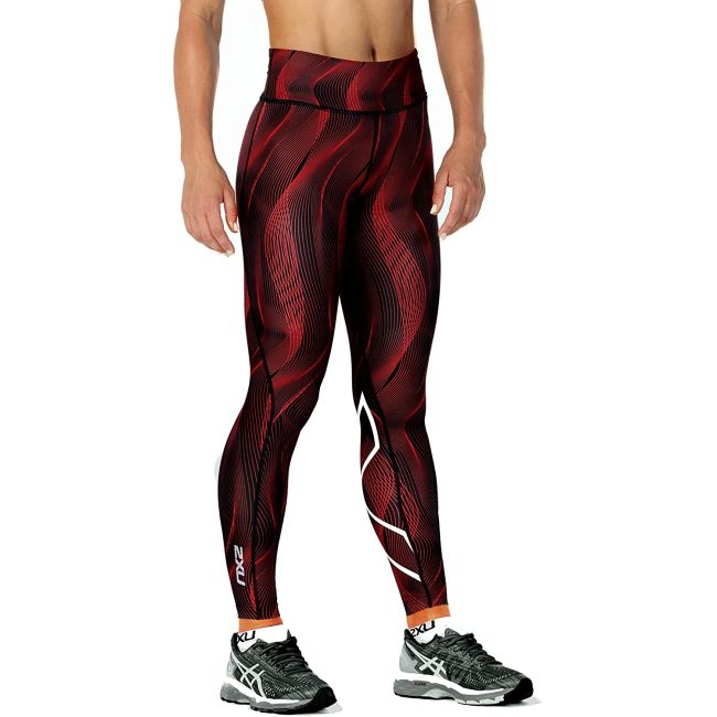2XU - Colanti de compresie pentru femei Mid-Rise Print Tights - rosu inchis dungi