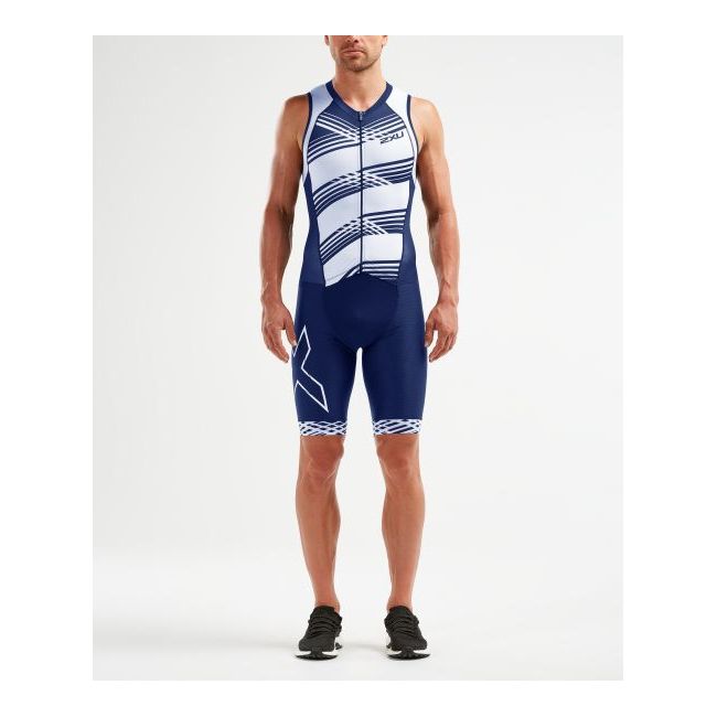 2XU - Costum triathlon barbati Compression Full Zip sleeveless Trisuit - albastru navy dungi alb