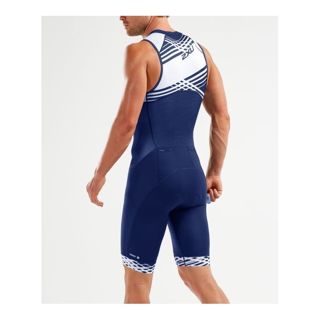2XU - Costum triathlon barbati Compression Full Zip sleeveless Trisuit - albastru navy dungi alb
