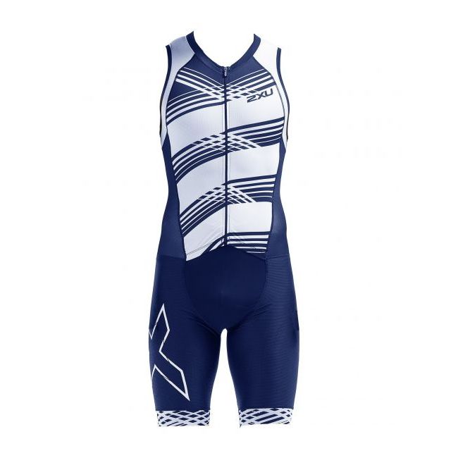 2XU - Costum triathlon barbati Compression Full Zip sleeveless Trisuit - albastru navy dungi alb