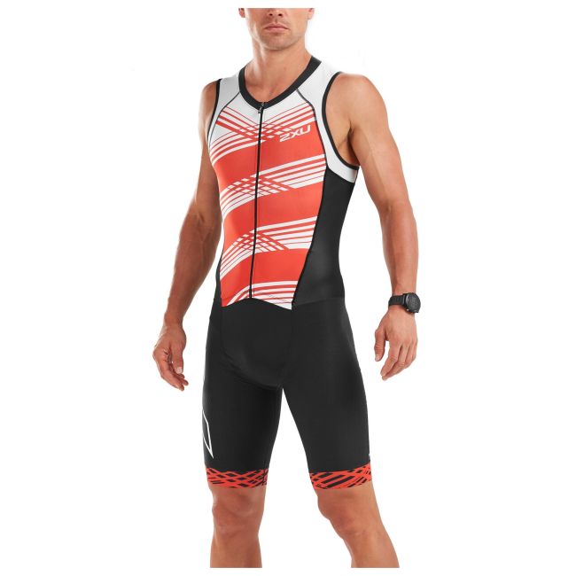 2XU - Costum triathlon barbati Compression Full Zip sleeveless Trisuit - negru dungi alb rosu