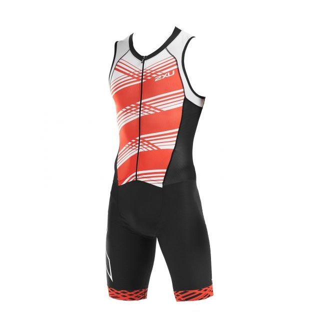 2XU - Costum triathlon barbati Compression Full Zip sleeveless Trisuit - negru dungi alb rosu