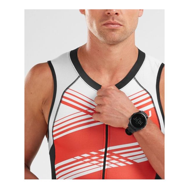 2XU - Costum triathlon barbati Compression Full Zip sleeveless Trisuit - negru dungi alb rosu