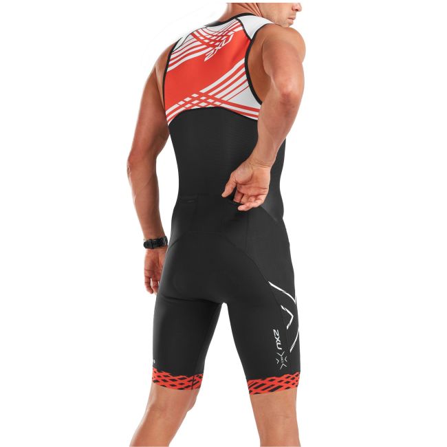 2XU - Costum triathlon barbati Compression Full Zip sleeveless Trisuit - negru dungi alb rosu