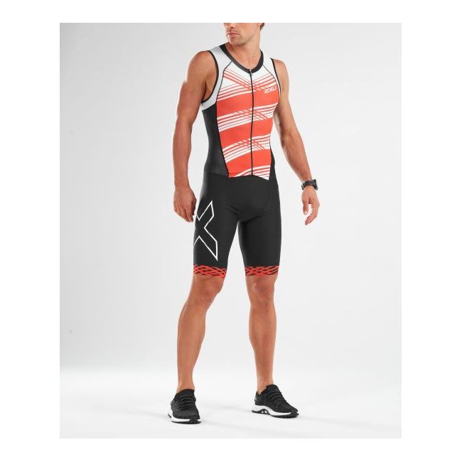 2XU - Costum triathlon barbati Compression Full Zip sleeveless Trisuit - negru dungi alb rosu
