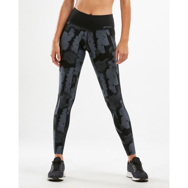 2XU - Colanti compresie cu talie medie pentru femei cu buzunar Mid-Rise Compression Tight Pocket - negru gri