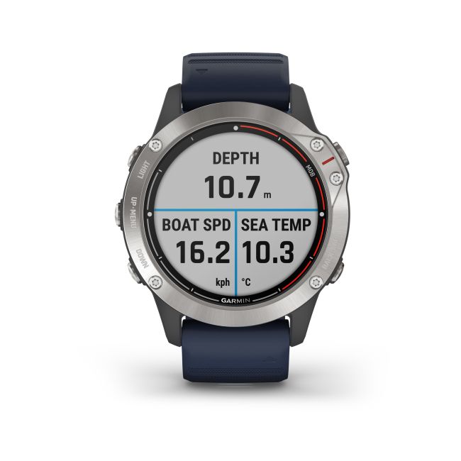 Garmin - quatix 6 - rama argintie cu curea silicon Captain Blue - ceas inteligent premium cu GPS cu functii avansate pentru sport si navigatie