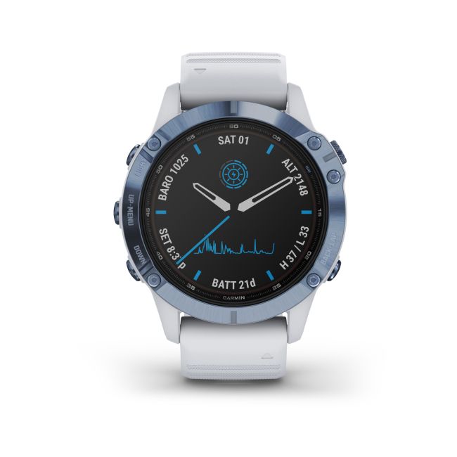 Garmin - Fenix 6 PRO Solar - rama albastru mineral cu curea silicon alba - ceas inteligent premium cu GPS pentru sport