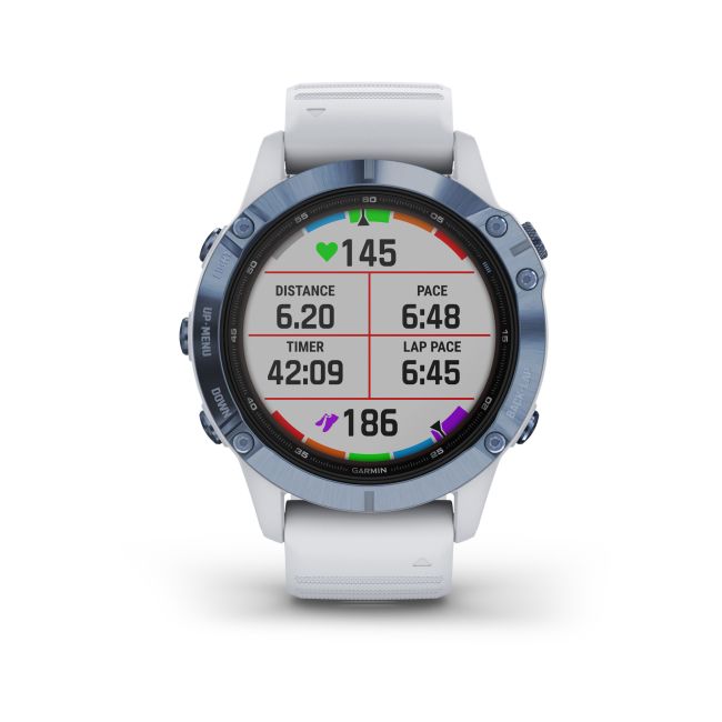 Garmin - Fenix 6 PRO Solar - rama albastru mineral cu curea silicon alba - ceas inteligent premium cu GPS pentru sport