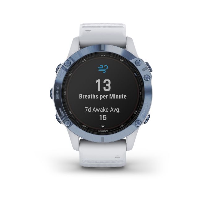 Garmin - Fenix 6 PRO Solar - rama albastru mineral cu curea silicon alba - ceas inteligent premium cu GPS pentru sport