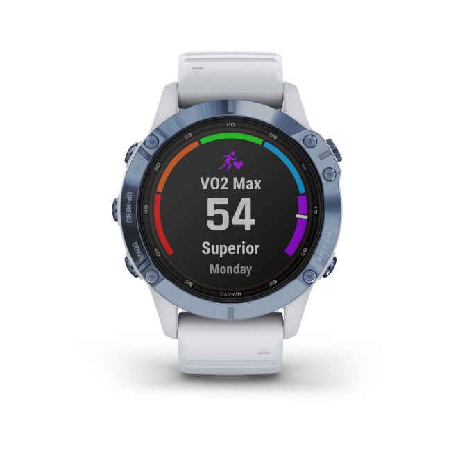 Garmin - Fenix 6 PRO Solar - rama albastru mineral cu curea silicon alba - ceas inteligent premium cu GPS pentru sport