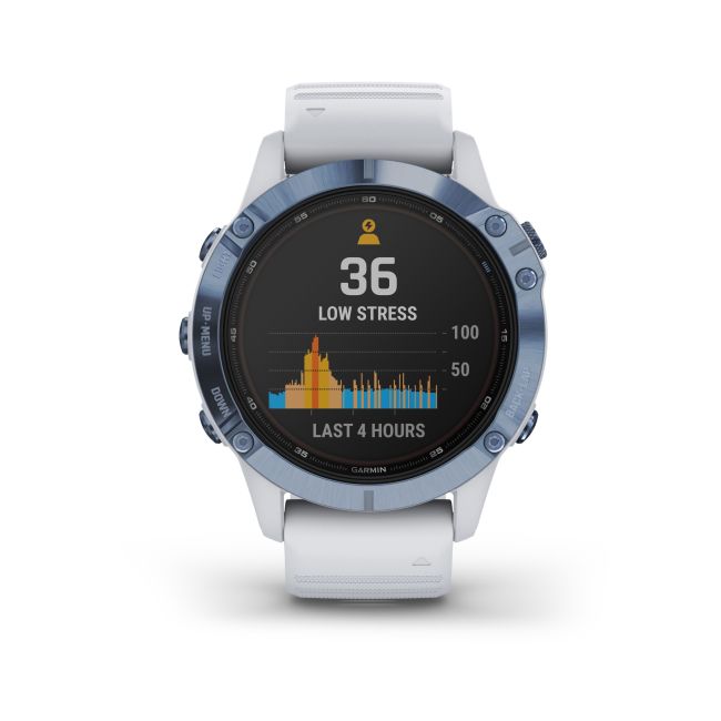 Garmin - Fenix 6 PRO Solar - rama albastru mineral cu curea silicon alba - ceas inteligent premium cu GPS pentru sport