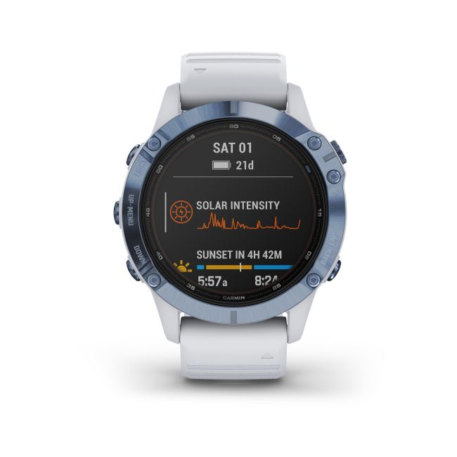 Garmin - Fenix 6 PRO Solar - rama albastru mineral cu curea silicon alba - ceas inteligent premium cu GPS pentru sport