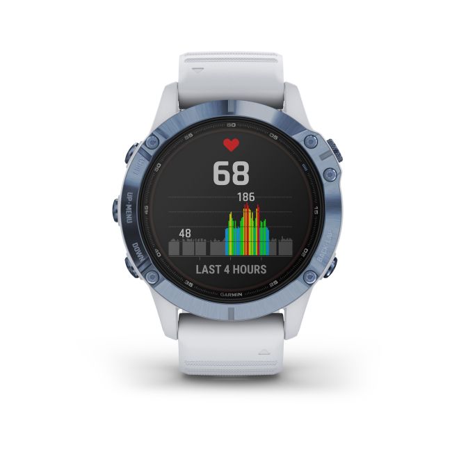 Garmin - Fenix 6 PRO Solar - rama albastru mineral cu curea silicon alba - ceas inteligent premium cu GPS pentru sport