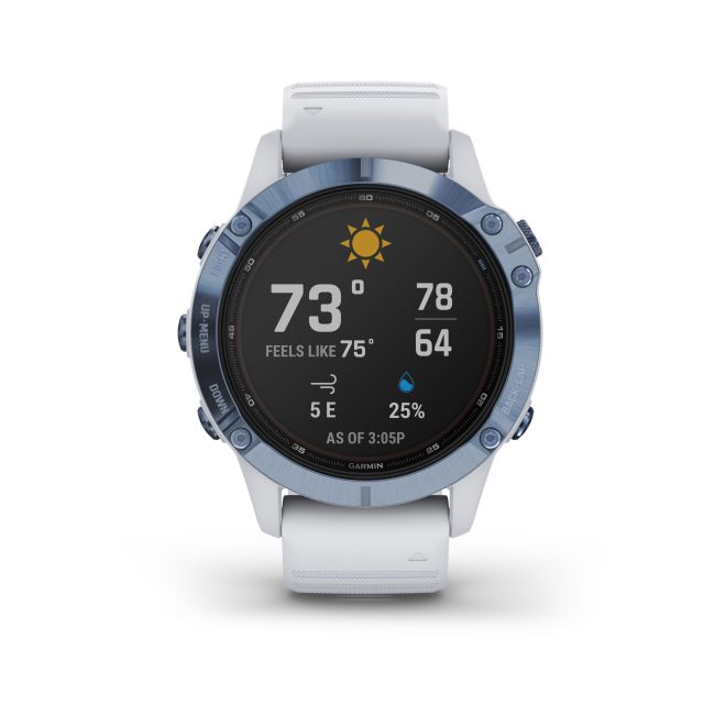 Garmin - Fenix 6 PRO Solar - rama albastru mineral cu curea silicon alba - ceas inteligent premium cu GPS pentru sport