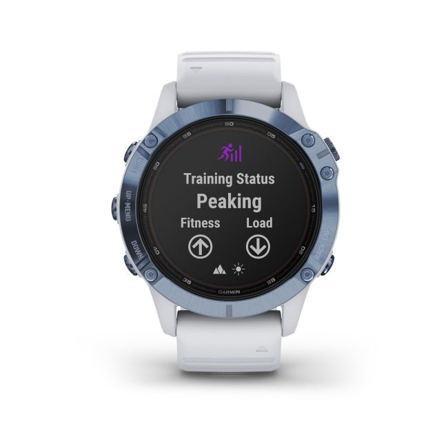 Garmin - Fenix 6 PRO Solar - rama albastru mineral cu curea silicon alba - ceas inteligent premium cu GPS pentru sport