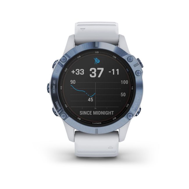 Garmin - Fenix 6 PRO Solar - rama albastru mineral cu curea silicon alba - ceas inteligent premium cu GPS pentru sport
