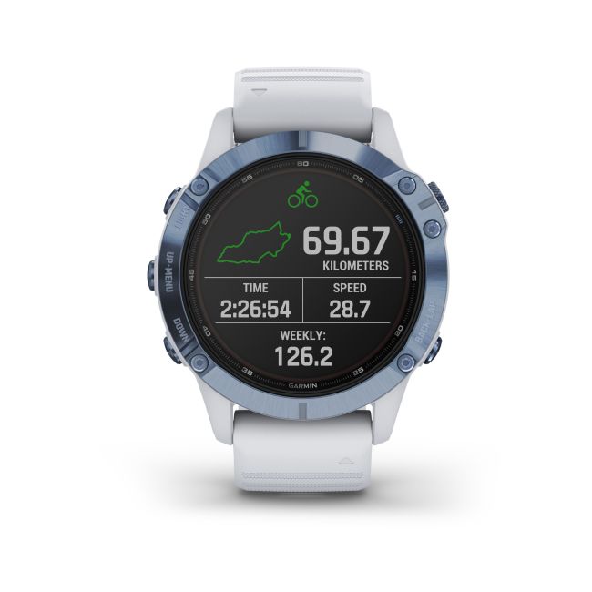 Garmin - Fenix 6 PRO Solar - rama albastru mineral cu curea silicon alba - ceas inteligent premium cu GPS pentru sport