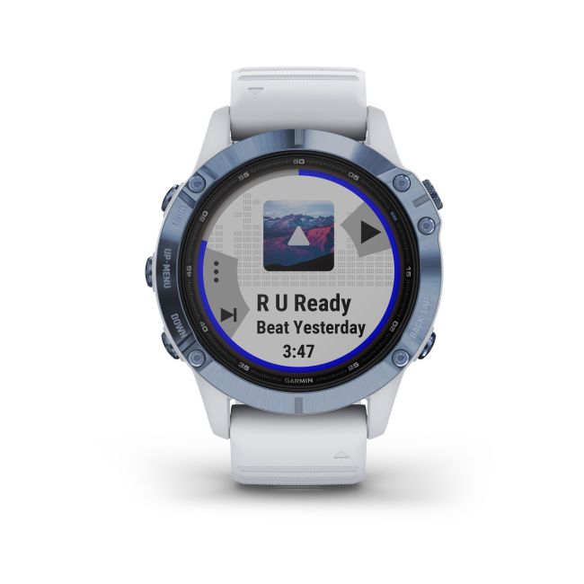 Garmin - Fenix 6 PRO Solar - rama albastru mineral cu curea silicon alba - ceas inteligent premium cu GPS pentru sport