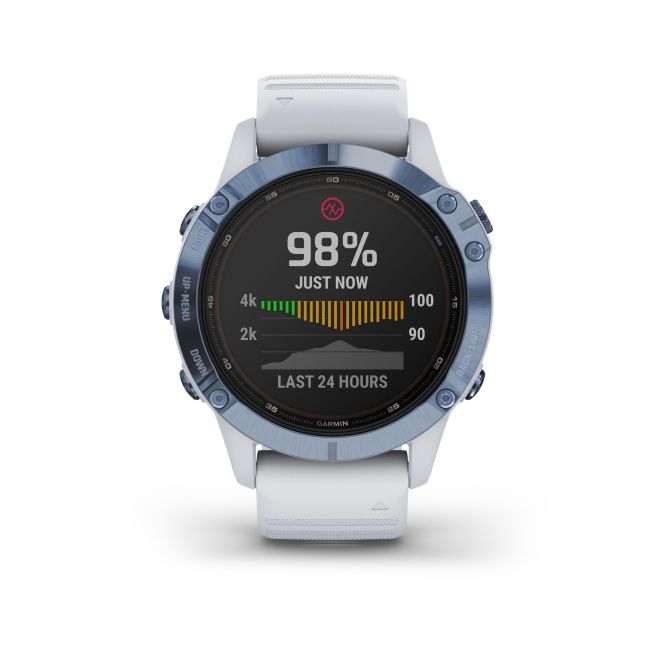 Garmin - Fenix 6 PRO Solar - rama albastru mineral cu curea silicon alba - ceas inteligent premium cu GPS pentru sport