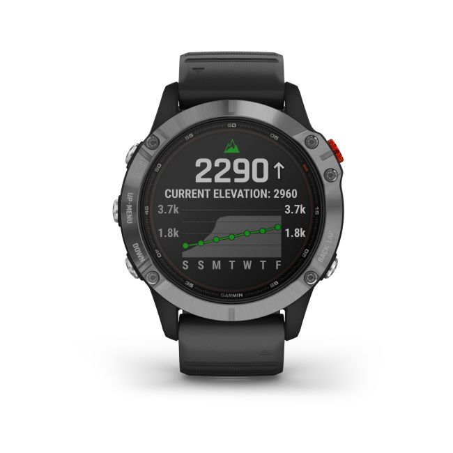 Garmin - Fenix 6 Solar - rama argintie cu curea de silicon neagra - ceas inteligent premium cu GPS cu functii avansate pentru sport