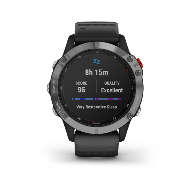 Garmin - Fenix 6 Solar - rama argintie cu curea de silicon neagra - ceas inteligent premium cu GPS cu functii avansate pentru sport