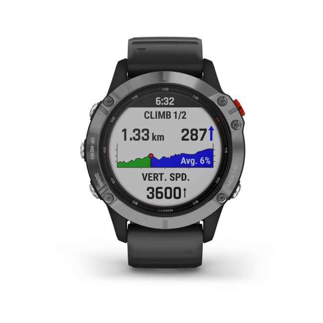 Garmin - Fenix 6 Solar - rama argintie cu curea de silicon neagra - ceas inteligent premium cu GPS cu functii avansate pentru sport