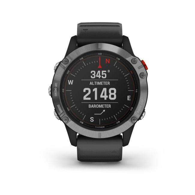 Garmin - Fenix 6 Solar - rama argintie cu curea de silicon neagra - ceas inteligent premium cu GPS cu functii avansate pentru sport