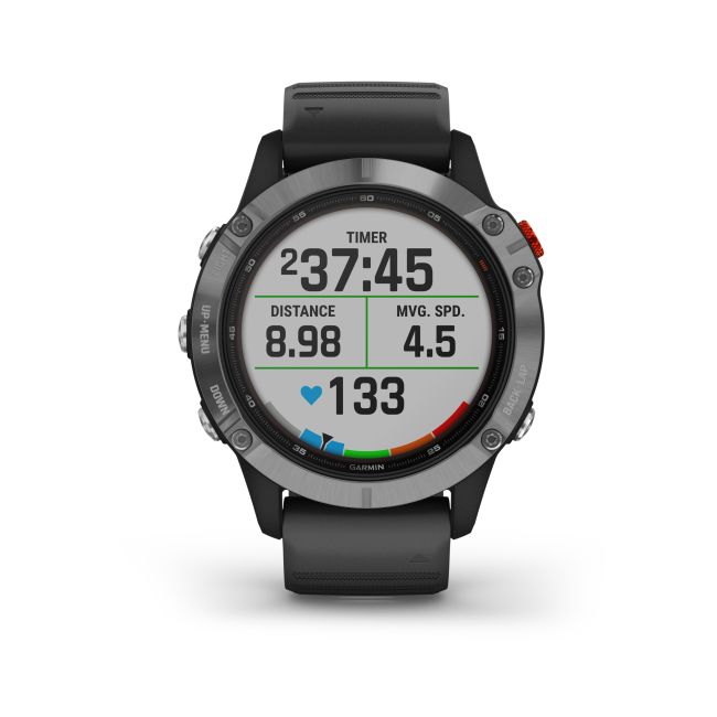 Garmin - Fenix 6 Solar - rama argintie cu curea de silicon neagra - ceas inteligent premium cu GPS cu functii avansate pentru sport