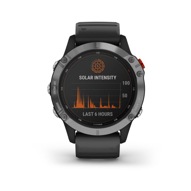Garmin - Fenix 6 Solar - rama argintie cu curea de silicon neagra - ceas inteligent premium cu GPS cu functii avansate pentru sport