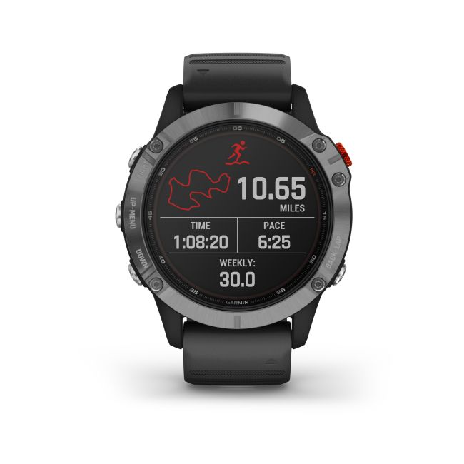 Garmin - Fenix 6 Solar - rama argintie cu curea de silicon neagra - ceas inteligent premium cu GPS cu functii avansate pentru sport