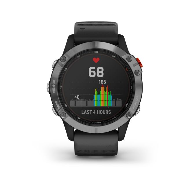 Garmin - Fenix 6 Solar - rama argintie cu curea de silicon neagra - ceas inteligent premium cu GPS cu functii avansate pentru sport