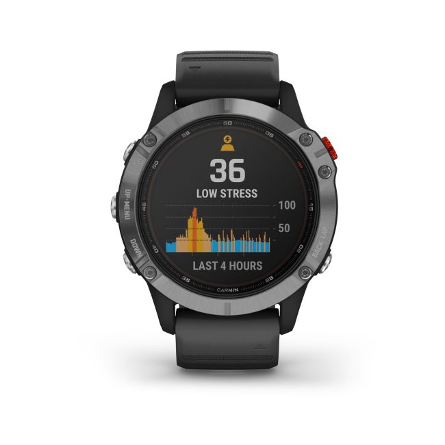 Garmin - Fenix 6 Solar - rama argintie cu curea de silicon neagra - ceas inteligent premium cu GPS cu functii avansate pentru sport
