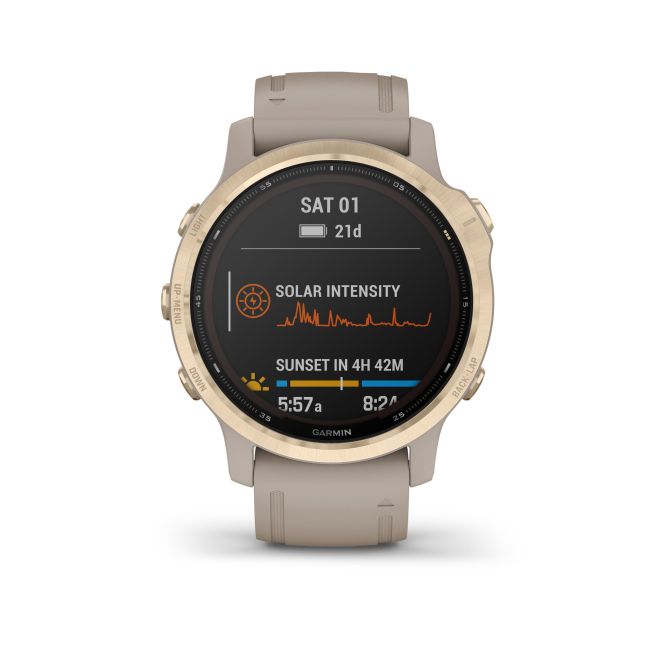 Garmin - Fenix 6s PRO Solar - rama aurie cu curea gri nisip - ceas inteligent premium cu GPS pentru sport