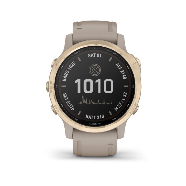 Garmin - Fenix 6s PRO Solar - rama aurie cu curea gri nisip - ceas inteligent premium cu GPS pentru sport
