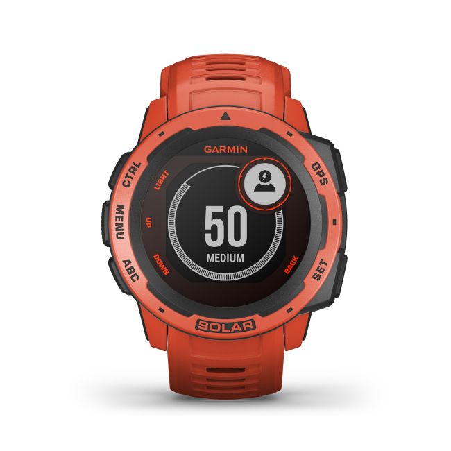 Garmin - Instinct Solar - rosu Flame Red - ceas inteligent cu GPS cu functii avansate pentru sport si incarcare solara